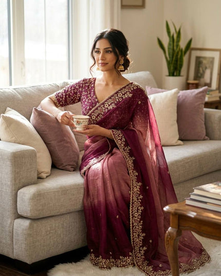 Trending Shaded Chiffon Saree with Sequins Embroidery & Designer Blouse - Rosepetals Luxe