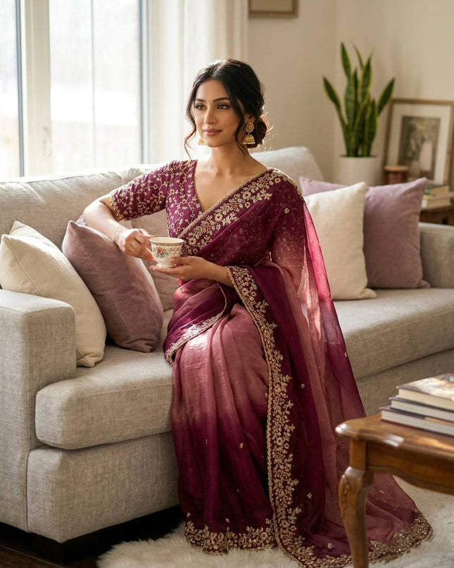 Trending Shaded Chiffon Saree with Sequins Embroidery & Designer Blouse - Rosepetals Luxe