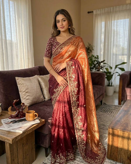 Trending Shaded Chiffon Saree with Sequins Embroidery & Designer Blouse - Rosepetals Luxe