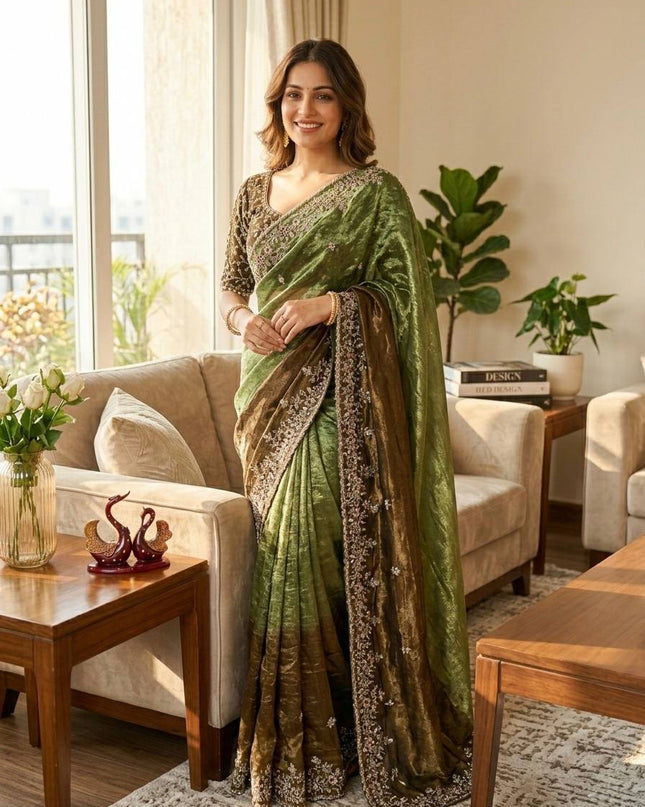 Trending Shaded Chiffon Saree with Sequins Embroidery & Designer Blouse - Rosepetals Luxe