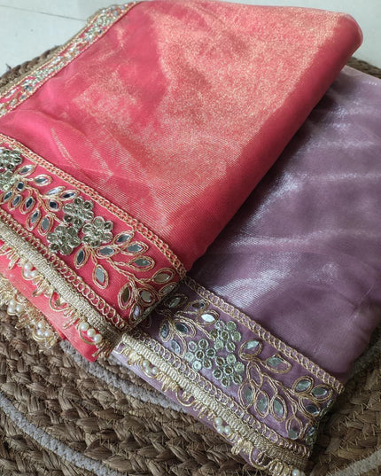 Twill Tissue Net Saree | Heavy Lace Border & Mirror Work Blouse | Festive Party Wear - Rosepetals Luxe