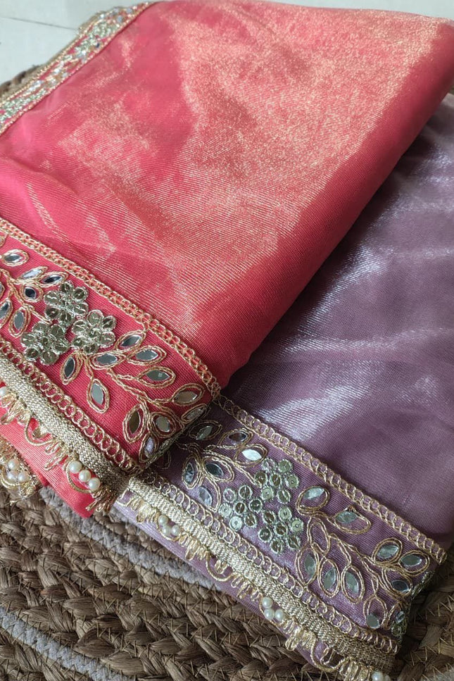 Twill Tissue Net Saree | Heavy Lace Border & Mirror Work Blouse | Festive Party Wear - Rosepetals Luxe