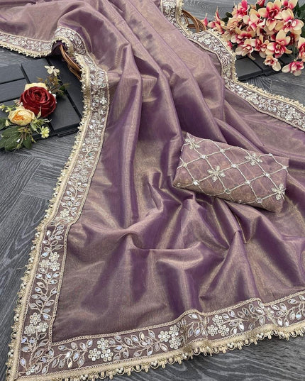 Twill Tissue Net Saree | Heavy Lace Border & Mirror Work Blouse | Festive Party Wear - Rosepetals Luxe