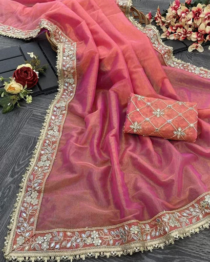 Twill Tissue Net Saree | Heavy Lace Border & Mirror Work Blouse | Festive Party Wear - Rosepetals Luxe