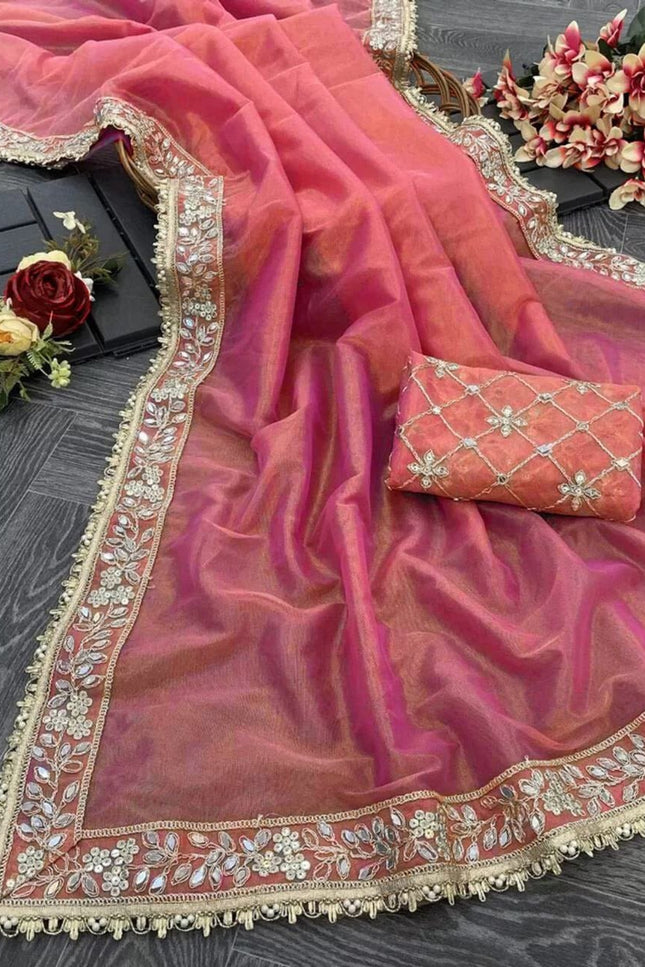 Twill Tissue Net Saree | Heavy Lace Border & Mirror Work Blouse | Festive Party Wear - Rosepetals Luxe