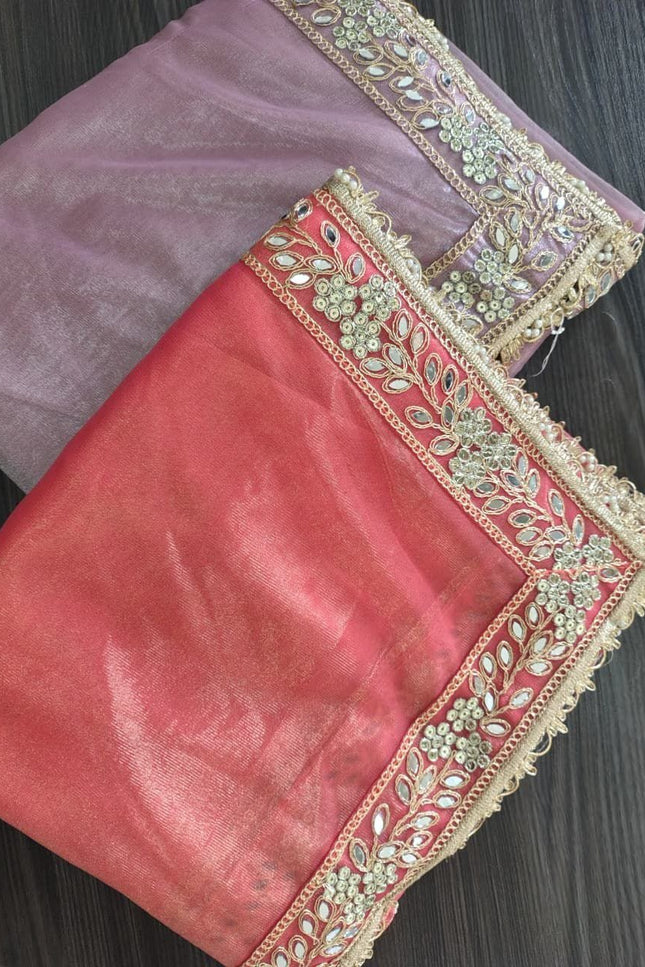 Twill Tissue Net Saree | Heavy Lace Border & Mirror Work Blouse | Festive Party Wear - Rosepetals Luxe