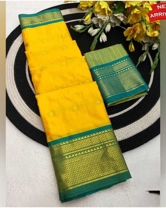 Two Tone Kalyani Border Silk Cotton Saree with Contrast Blouse Piece - Rosepetals Luxe