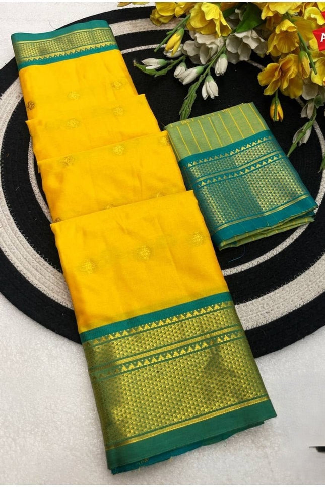 Two Tone Kalyani Border Silk Cotton Saree with Contrast Blouse Piece - Rosepetals Luxe