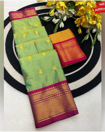 Two Tone Kalyani Border Silk Cotton Saree with Contrast Blouse Piece - Rosepetals Luxe