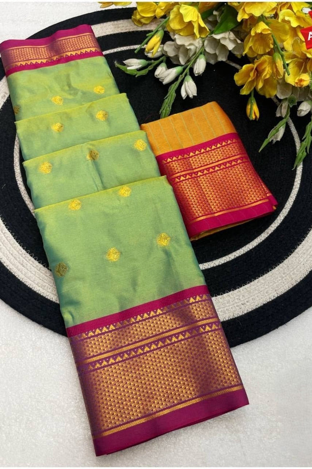 Two Tone Kalyani Border Silk Cotton Saree with Contrast Blouse Piece - Rosepetals Luxe
