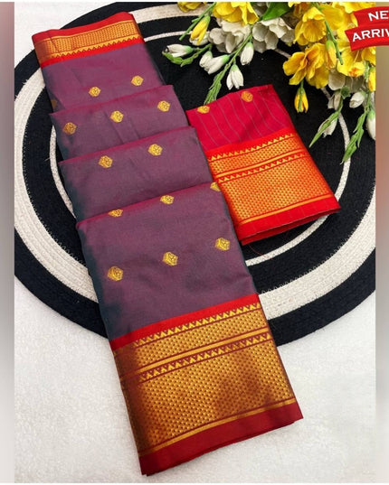 Two Tone Kalyani Border Silk Cotton Saree with Contrast Blouse Piece - Rosepetals Luxe