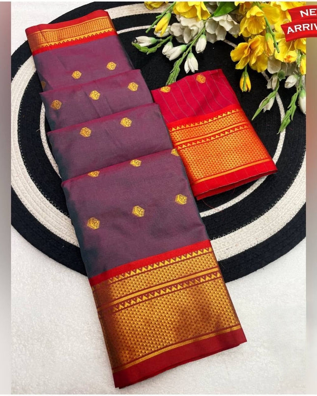 Two Tone Kalyani Border Silk Cotton Saree with Contrast Blouse Piece - Rosepetals Luxe