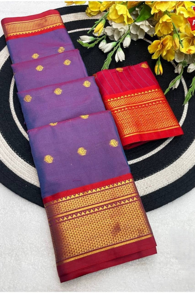 Two Tone Kalyani Border Silk Cotton Saree with Contrast Blouse Piece - Rosepetals Luxe