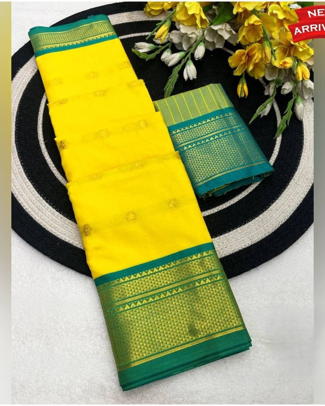 Two Tone Kalyani Border Silk Cotton Saree with Contrast Blouse Piece - Rosepetals Luxe