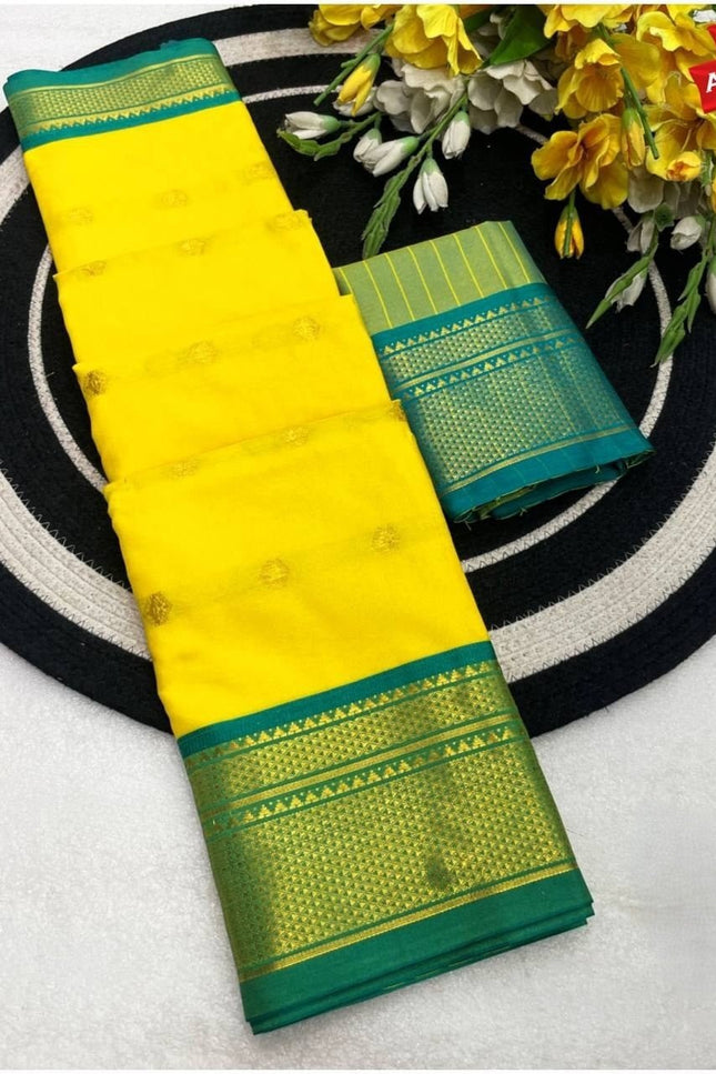 Two Tone Kalyani Border Silk Cotton Saree with Contrast Blouse Piece - Rosepetals Luxe