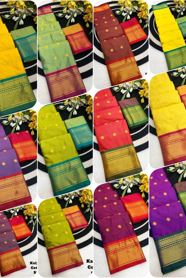 Two Tone Kalyani Border Silk Cotton Saree with Contrast Blouse Piece - Rosepetals Luxe