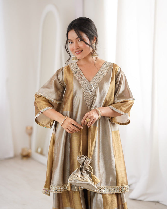 Two - Tone Tissue Fabric Designer Kurta Palazzo Set with Embroidered & Mirror work | Best For Premium Look - Rosepetals Luxe
