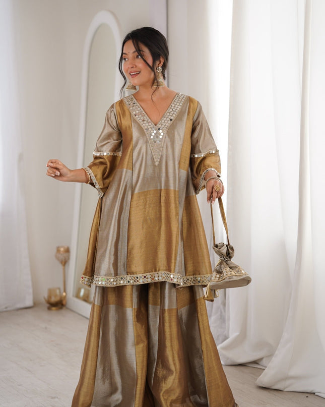 Two - Tone Tissue Fabric Designer Kurta Palazzo Set with Embroidered & Mirror work | Best For Premium Look - Rosepetals Luxe