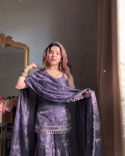 Two - tone Tissue Kurta Palazzo Set with Coding Embroidered & Mirror Work | Best For Ethnic Wear - Rosepetals Luxe