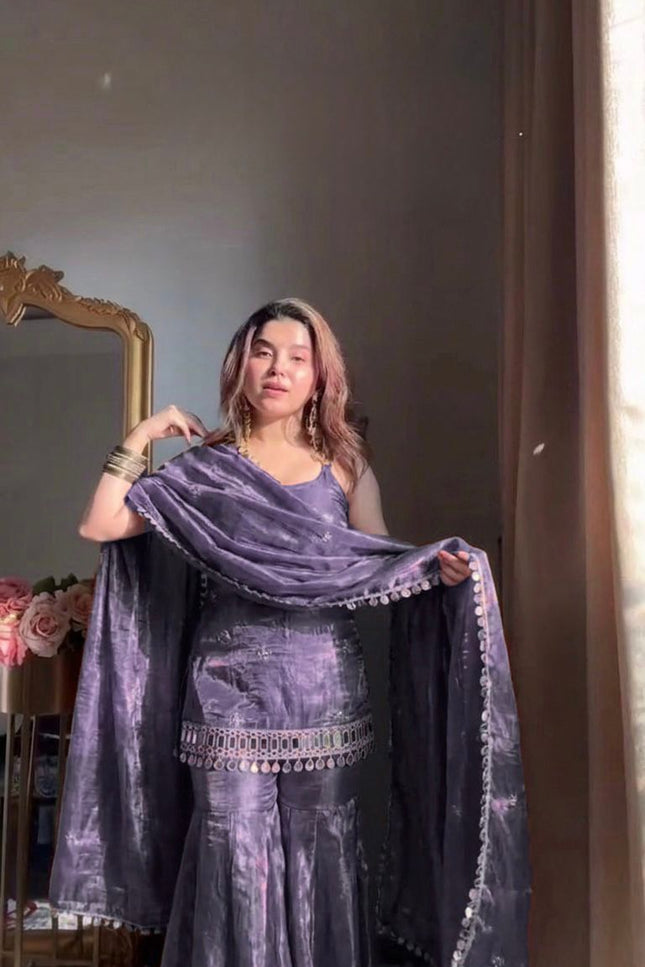 Two - tone Tissue Kurta Palazzo Set with Coding Embroidered & Mirror Work | Best For Ethnic Wear - Rosepetals Luxe