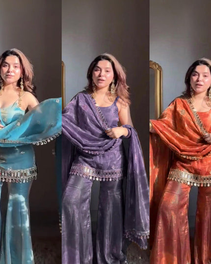 Two - tone Tissue Kurta Palazzo Set with Coding Embroidered & Mirror Work | Best For Ethnic Wear - Rosepetals Luxe