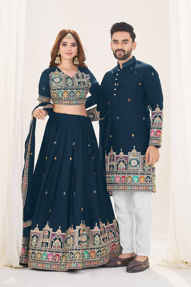 Vibing Together In Couple Combo | Royal Georgette Silk Ethnic Couple Collection - Rosepetals Luxe