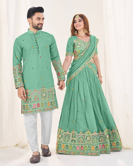 Vibing Together In Couple Combo | Royal Georgette Silk Ethnic Couple Collection - Rosepetals Luxe