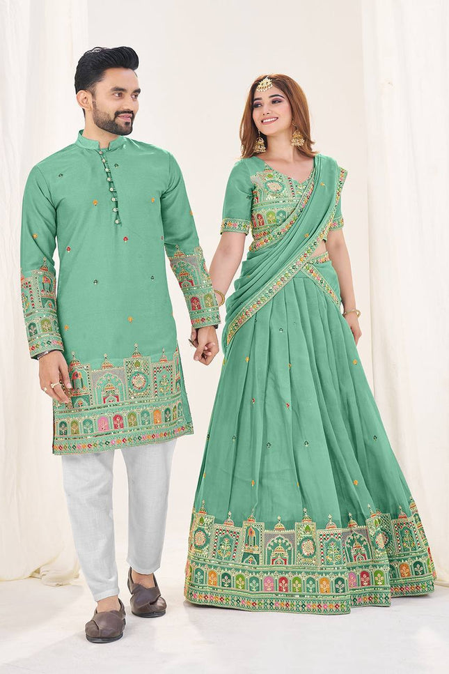 Vibing Together In Couple Combo | Royal Georgette Silk Ethnic Couple Collection - Rosepetals Luxe