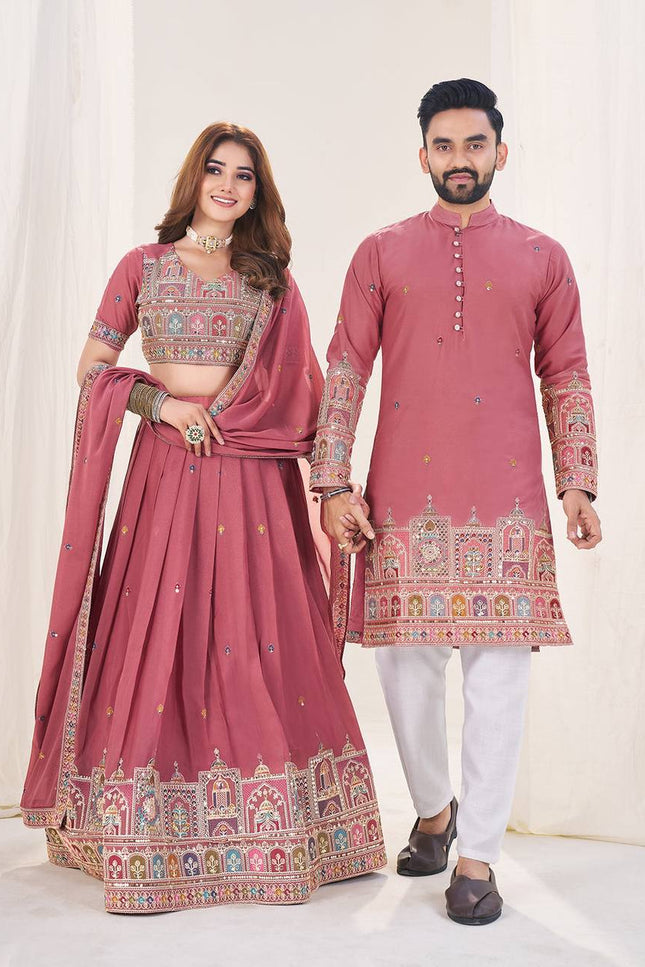 Vibing Together In Couple Combo | Royal Georgette Silk Ethnic Couple Collection - Rosepetals Luxe