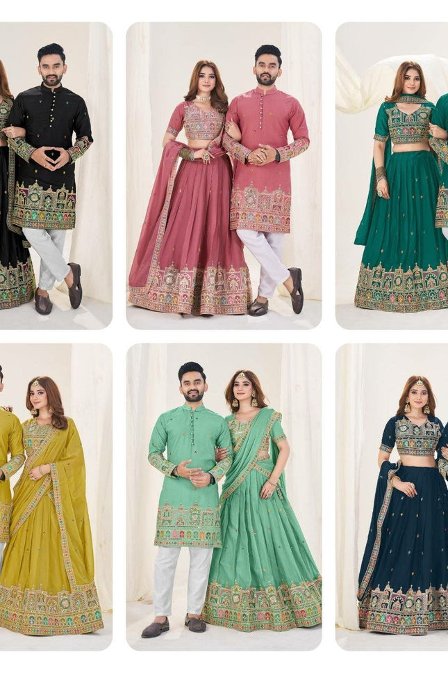 Vibing Together In Couple Combo | Royal Georgette Silk Ethnic Couple Collection - Rosepetals Luxe