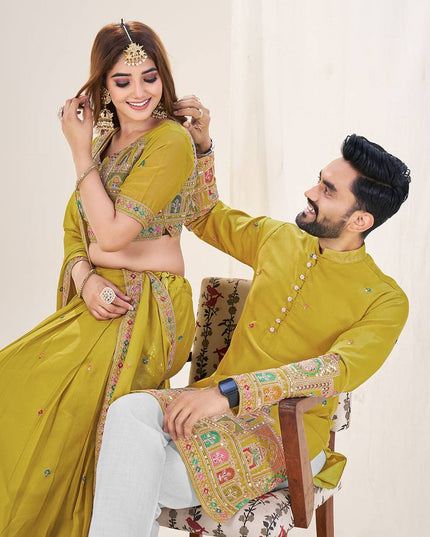 Vibing Together In Couple Combo | Royal Georgette Silk Ethnic Couple Collection - Rosepetals Luxe