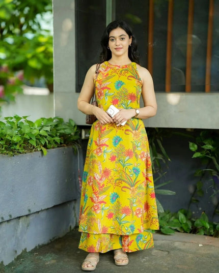 Vibrant Yellow Printed Linen Kalamkari A - Line Kurti with Palazzo Pant - Rosepetals Luxe