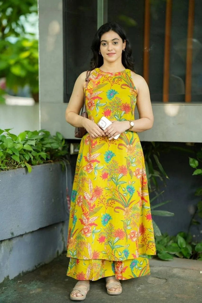 Vibrant Yellow Printed Linen Kalamkari A - Line Kurti with Palazzo Pant - Rosepetals Luxe
