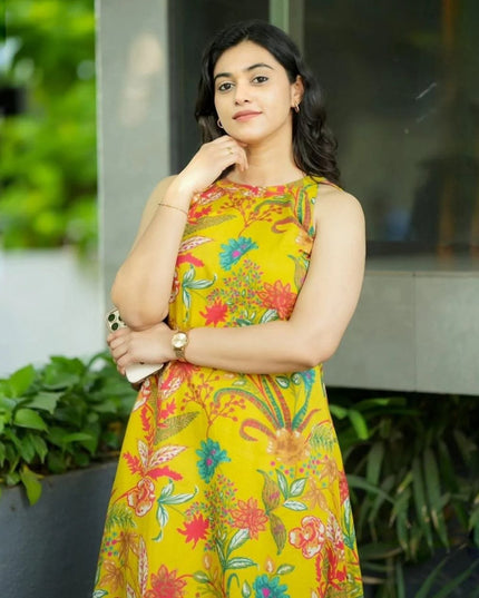 Vibrant Yellow Printed Linen Kalamkari A - Line Kurti with Palazzo Pant - Rosepetals Luxe