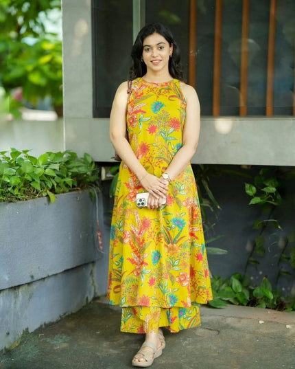 Vibrant Yellow Printed Linen Kalamkari A - Line Kurti with Palazzo Pant - Rosepetals Luxe