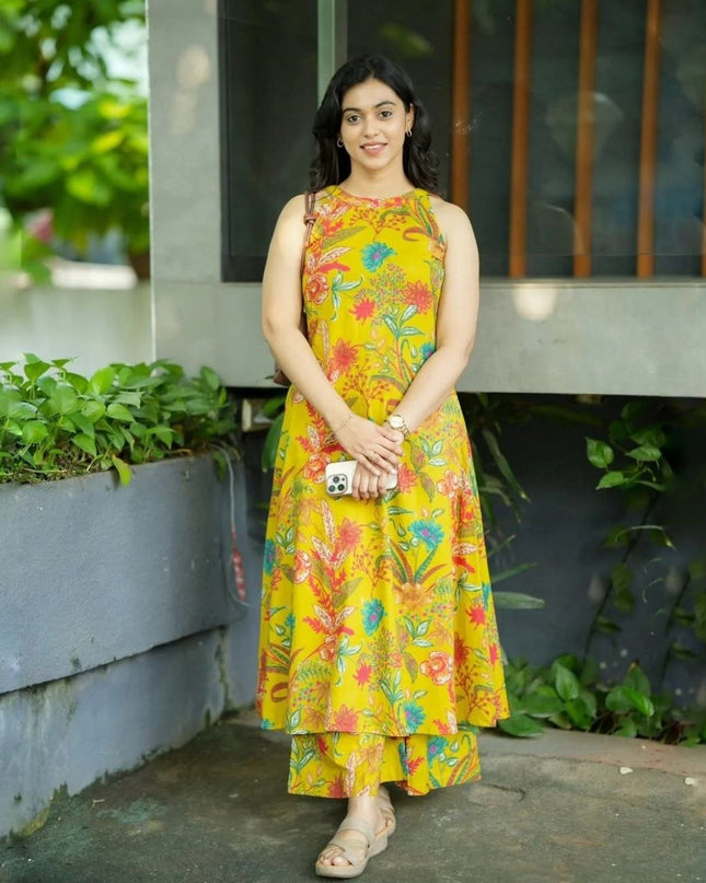 Vibrant Yellow Printed Linen Kalamkari A - Line Kurti with Palazzo Pant - Rosepetals Luxe