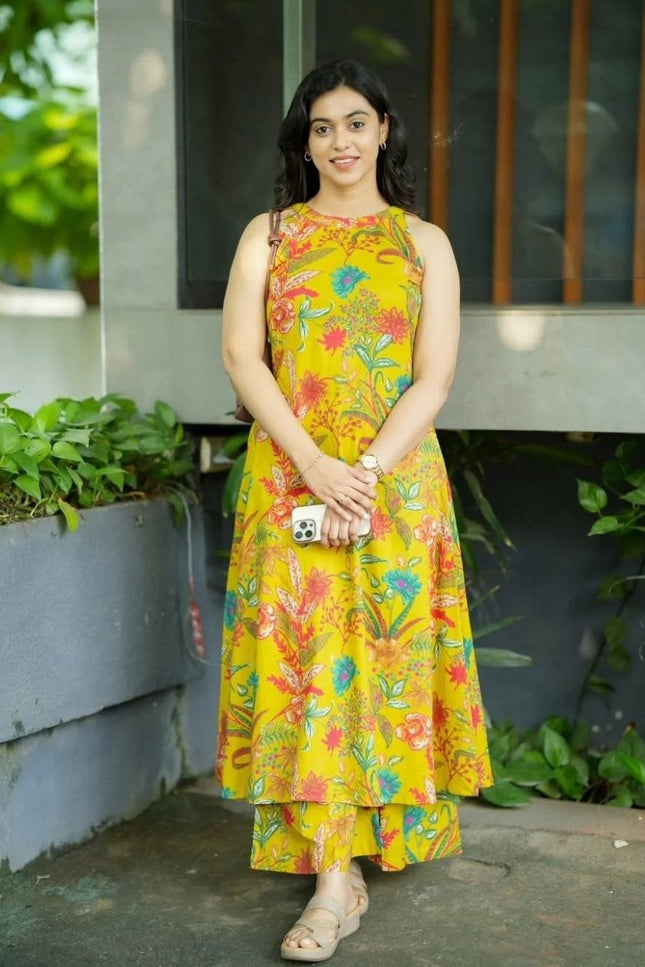 Vibrant Yellow Printed Linen Kalamkari A - Line Kurti with Palazzo Pant - Rosepetals Luxe