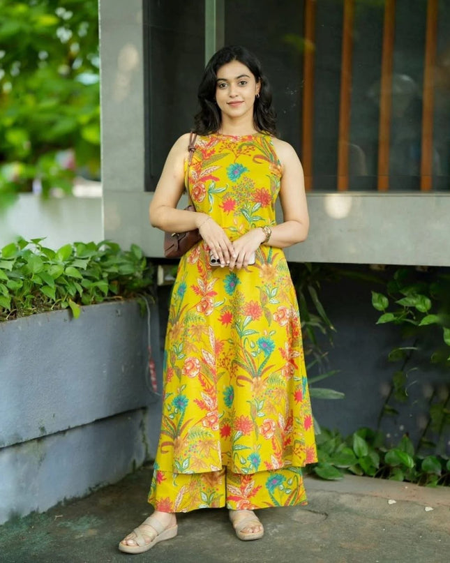 Vibrant Yellow Printed Linen Kalamkari A - Line Kurti with Palazzo Pant - Rosepetals Luxe