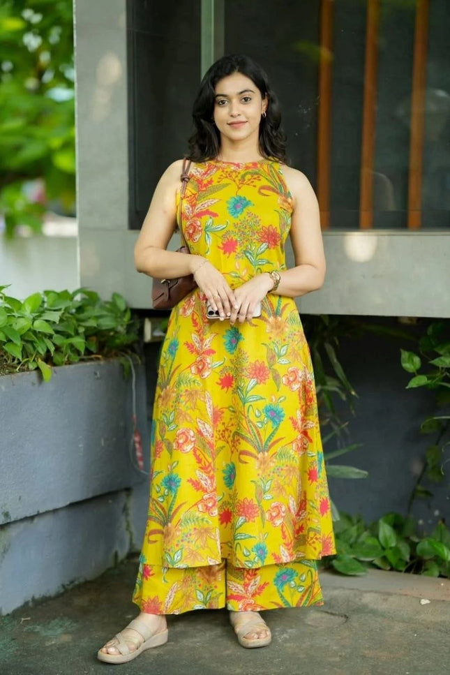 Vibrant Yellow Printed Linen Kalamkari A - Line Kurti with Palazzo Pant - Rosepetals Luxe