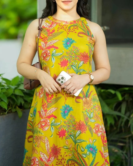 Vibrant Yellow Printed Linen Kalamkari A - Line Kurti with Palazzo Pant - Rosepetals Luxe