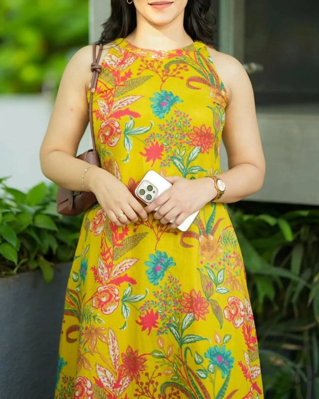 Vibrant Yellow Printed Linen Kalamkari A - Line Kurti with Palazzo Pant - Rosepetals Luxe