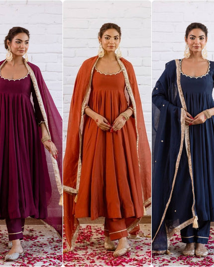 Vichitra Silk Anarkali Gown Set | Beads Work, Full Sleeves & Dupatta | Ready to Wear - Rosepetals Luxe