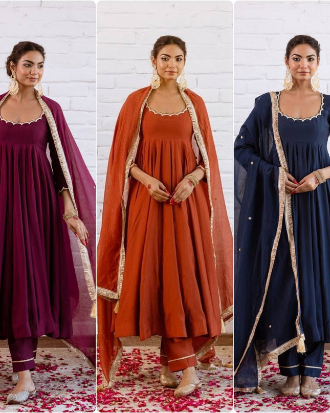 Vichitra Silk Anarkali Gown Set | Beads Work, Full Sleeves & Dupatta | Ready to Wear - Rosepetals Luxe