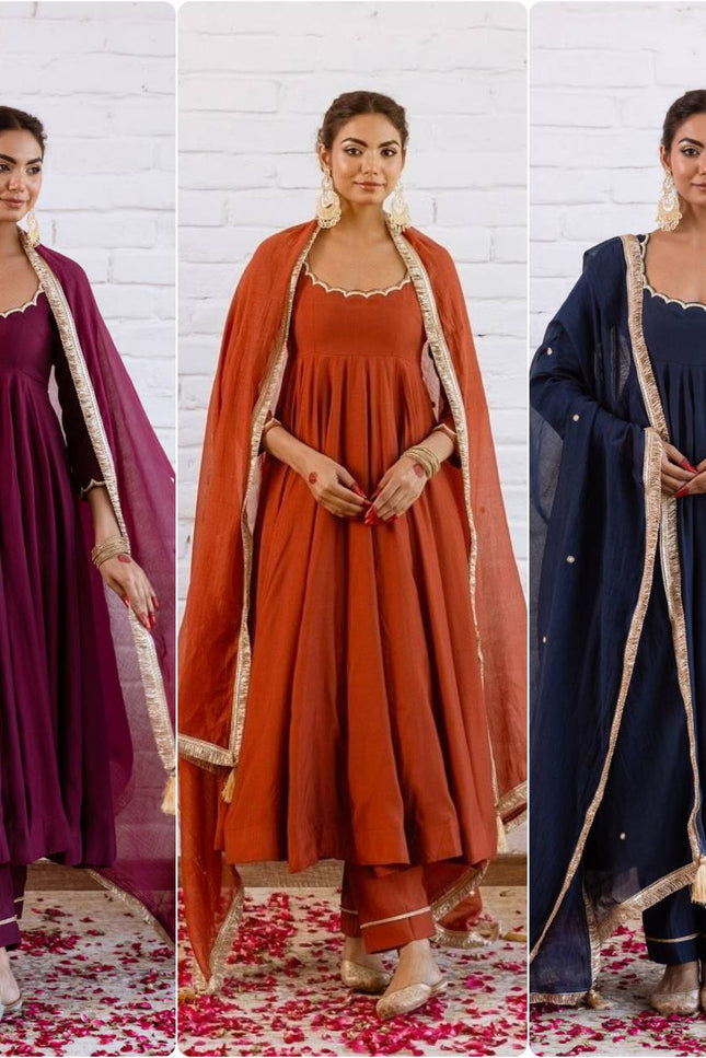 Vichitra Silk Anarkali Gown Set | Beads Work, Full Sleeves & Dupatta | Ready to Wear - Rosepetals Luxe
