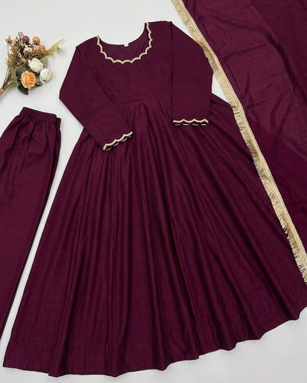 Vichitra Silk Anarkali Gown Set | Beads Work, Full Sleeves & Dupatta | Ready to Wear - Rosepetals Luxe