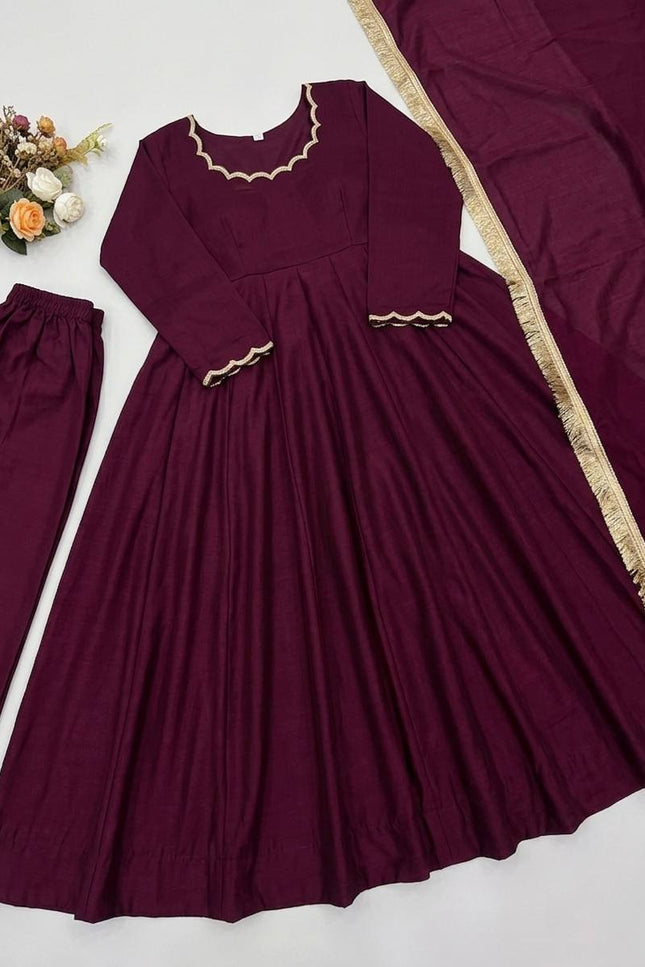 Vichitra Silk Anarkali Gown Set | Beads Work, Full Sleeves & Dupatta | Ready to Wear - Rosepetals Luxe