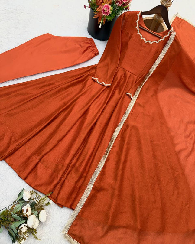 Vichitra Silk Anarkali Gown Set | Beads Work, Full Sleeves & Dupatta | Ready to Wear - Rosepetals Luxe