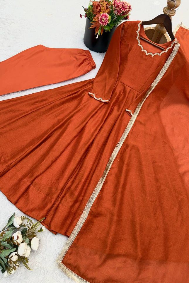 Vichitra Silk Anarkali Gown Set | Beads Work, Full Sleeves & Dupatta | Ready to Wear - Rosepetals Luxe