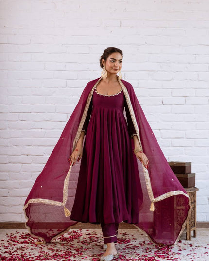 Vichitra Silk Anarkali Gown Set | Beads Work, Full Sleeves & Dupatta | Ready to Wear - Rosepetals Luxe