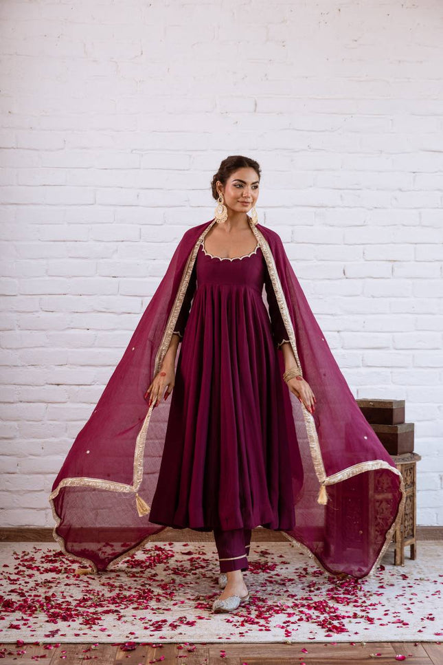 Vichitra Silk Anarkali Gown Set | Beads Work, Full Sleeves & Dupatta | Ready to Wear - Rosepetals Luxe